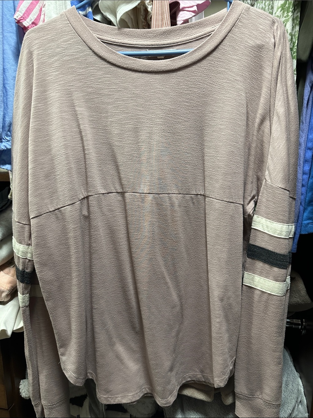 Maurices Taupe Crewneck Top with Contrast Sleeve Stripes